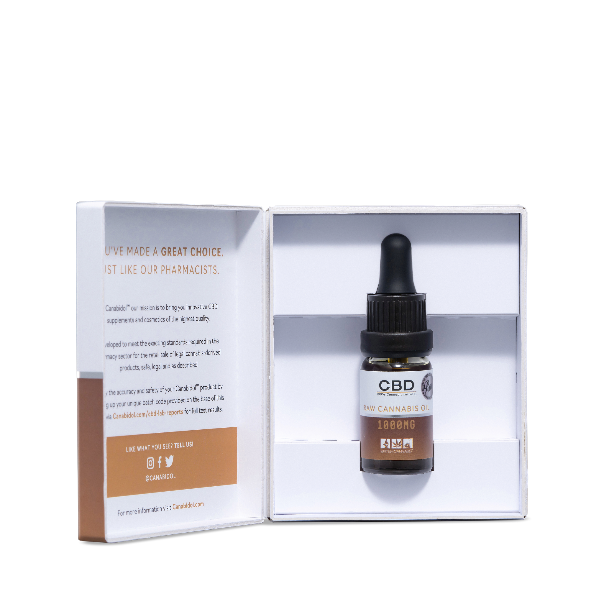 Bottle of Canabidol™ RAW 1000mg CBD Oil – British Cannabis™ broad plant-spectrum, 0% THC.
