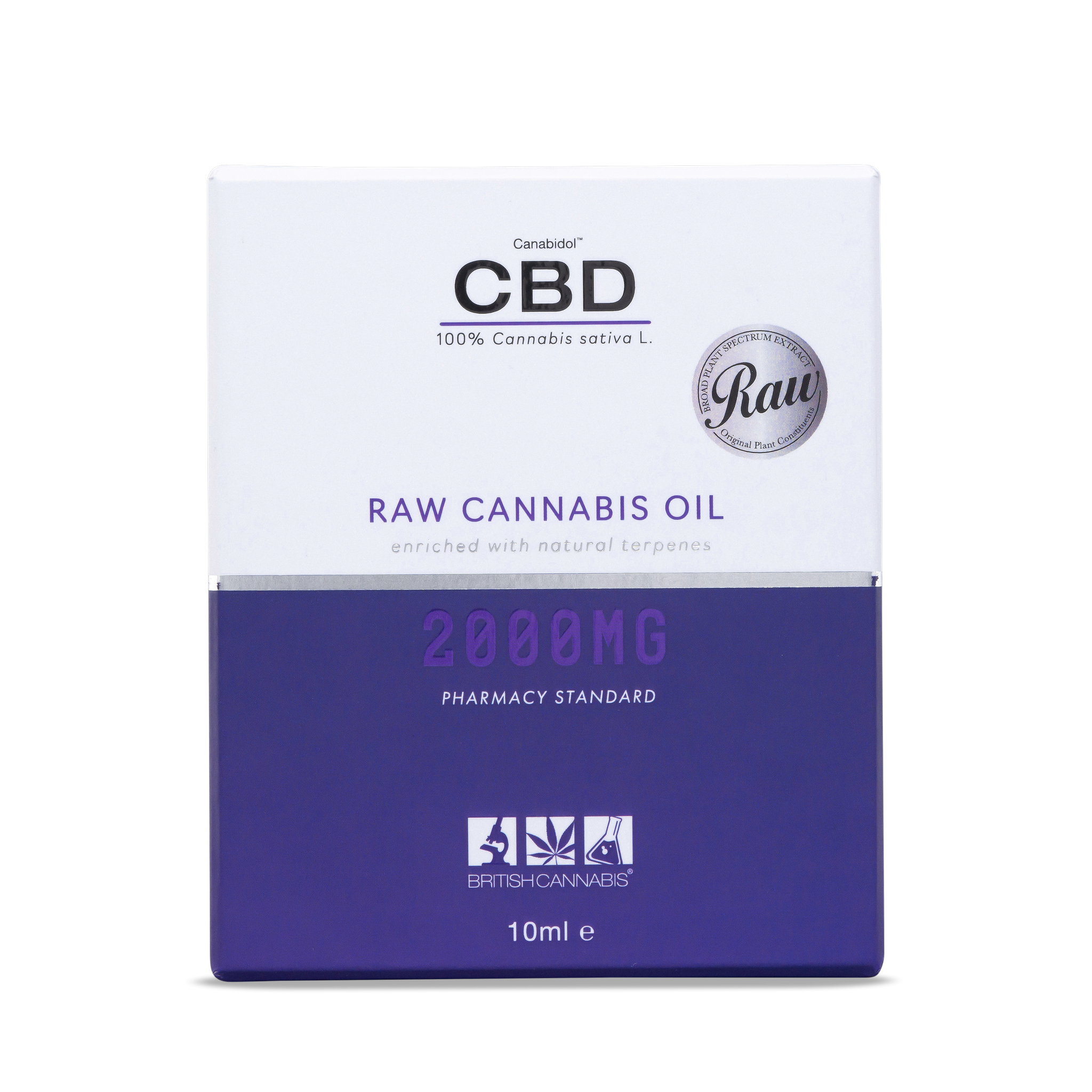 Bottle of RAW 2000mg CBD Oil – high-strength broad plant-spectrum oil from British Cannabis™, 0% THC.