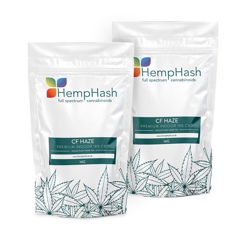 HempHash CF Haze CBD flower 14g product pouches