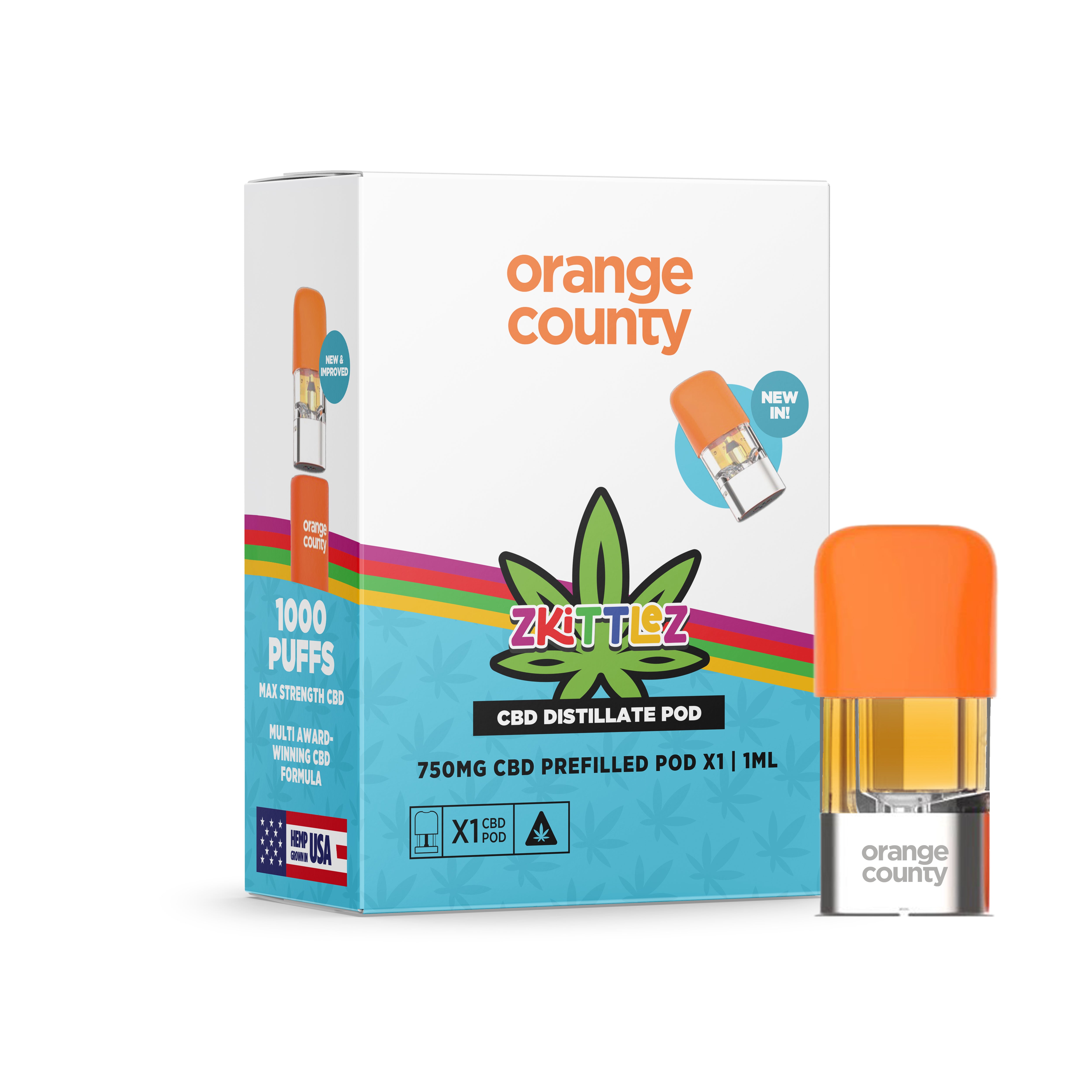 Zkittlez OG 1ml CBD pod – fruity candy flavour, 750mg broad-spectrum, THC-free, VG/PG-free.