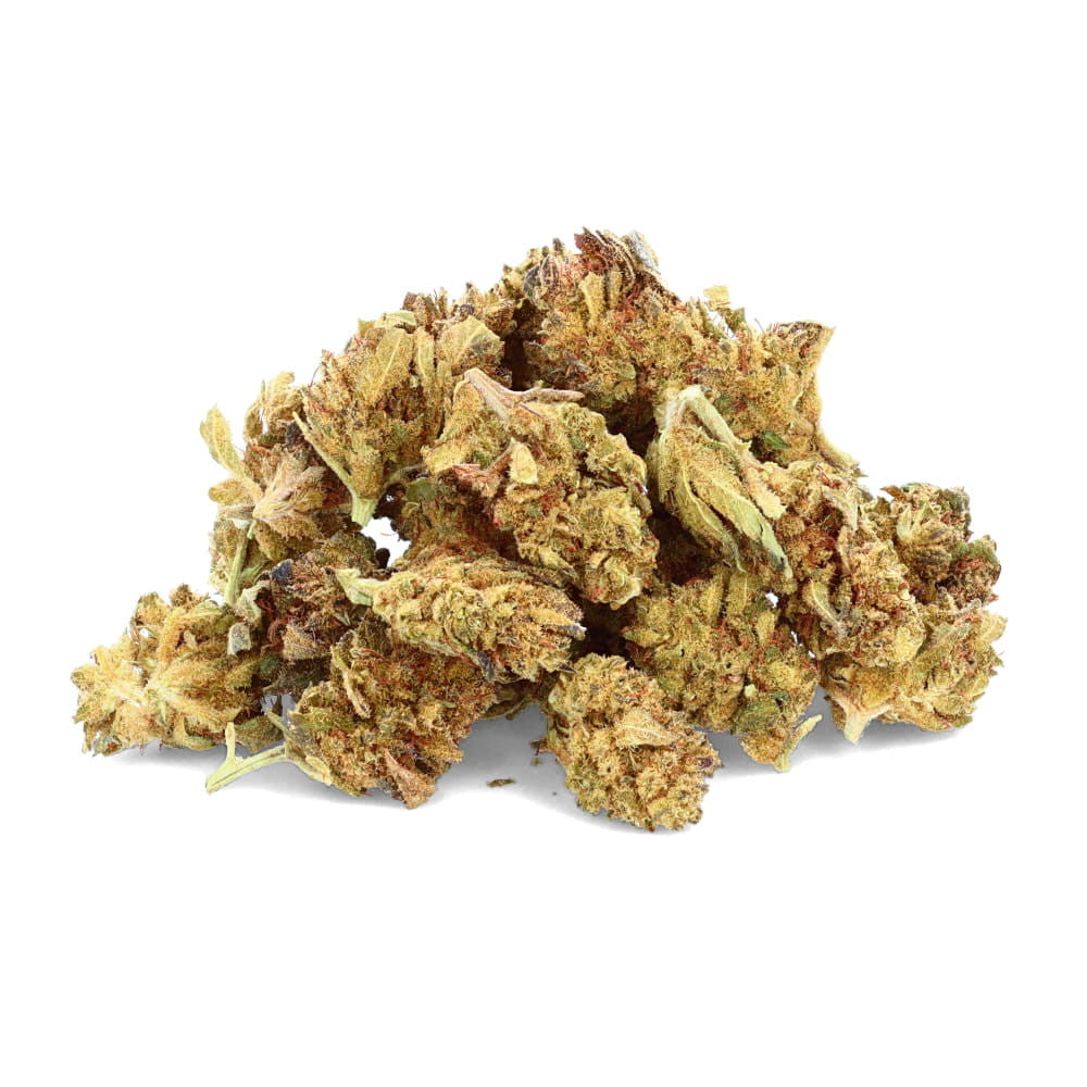 Easy Weed Sky Walker CBD flower with small green buds, orange hues and frosty trichome coverage